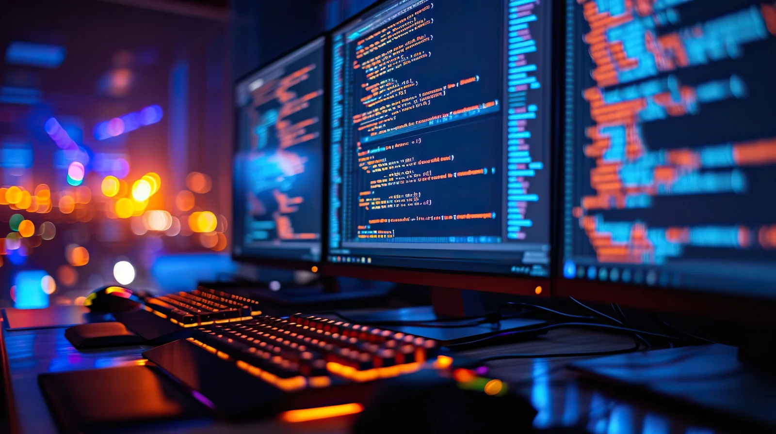 Software development workstation with code on three monitors and an illuminated keyboard.